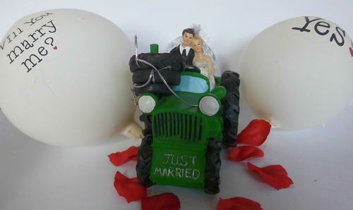 Hochzeitspaar auf einem Traktor plus Luftballon